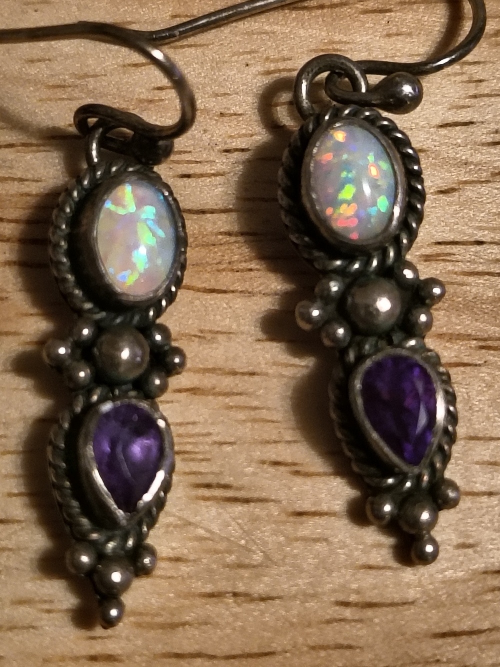 Vintage Navajo Sterling Silver Opal & Amethyst Dangle Earrings Signed Sterling